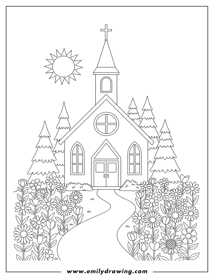 Linear illustration of sunny Country Church With Flower Garden, Winding Path, Evergreen Trees, and Steeple