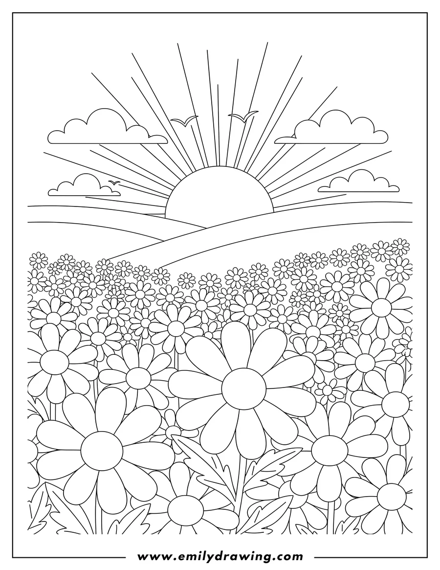 Simple sketch of sunrise Over Lovely Daisy Field, with many big daisies in the foreground to color