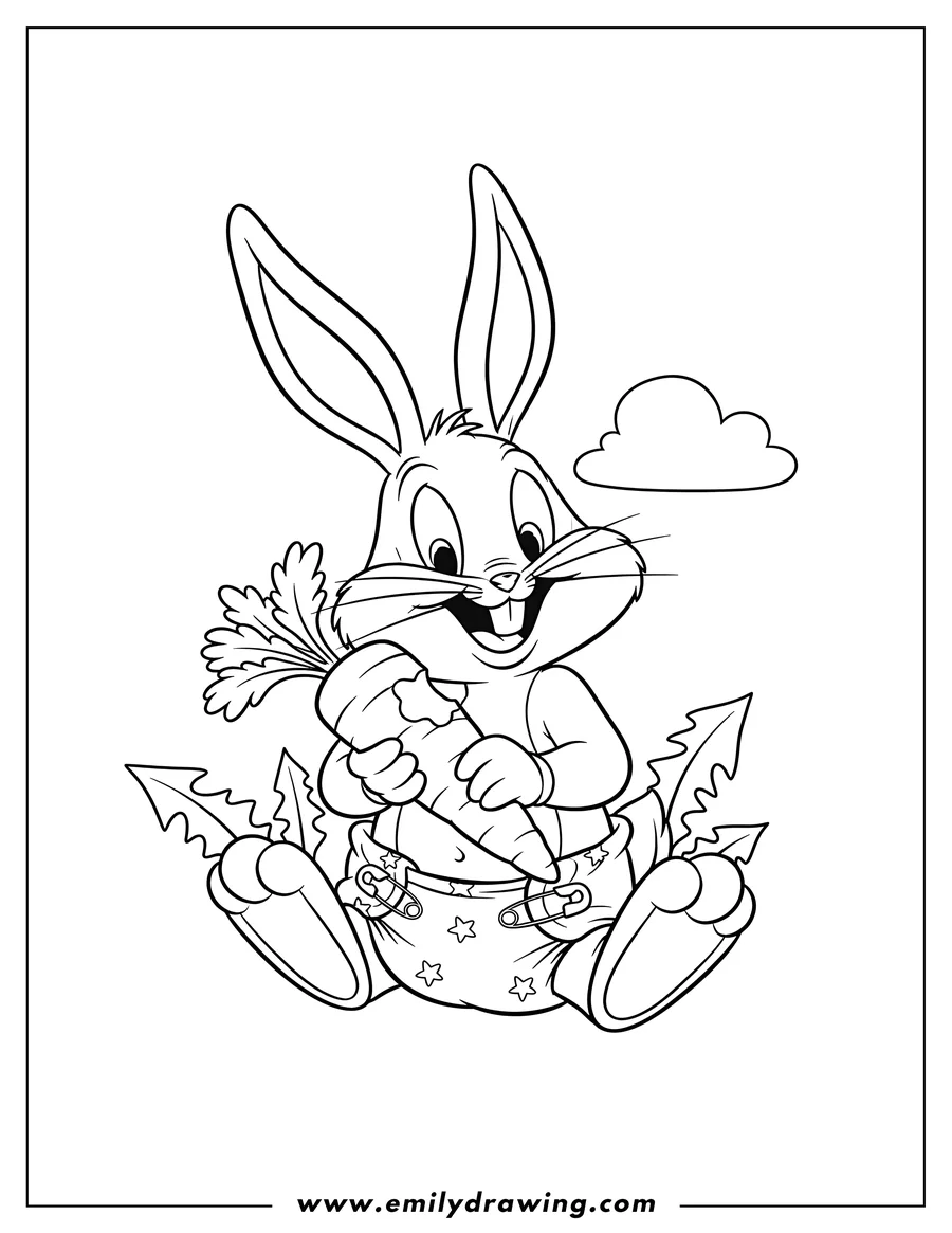 Downloadable coloring page of super Cute Baby Bugs Bunny holding a carrot and wearing a diaper