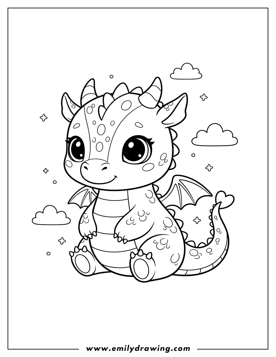 High quality printable super Cute Dragon To Color, sitting with big adorable eyes and little horns for coloring