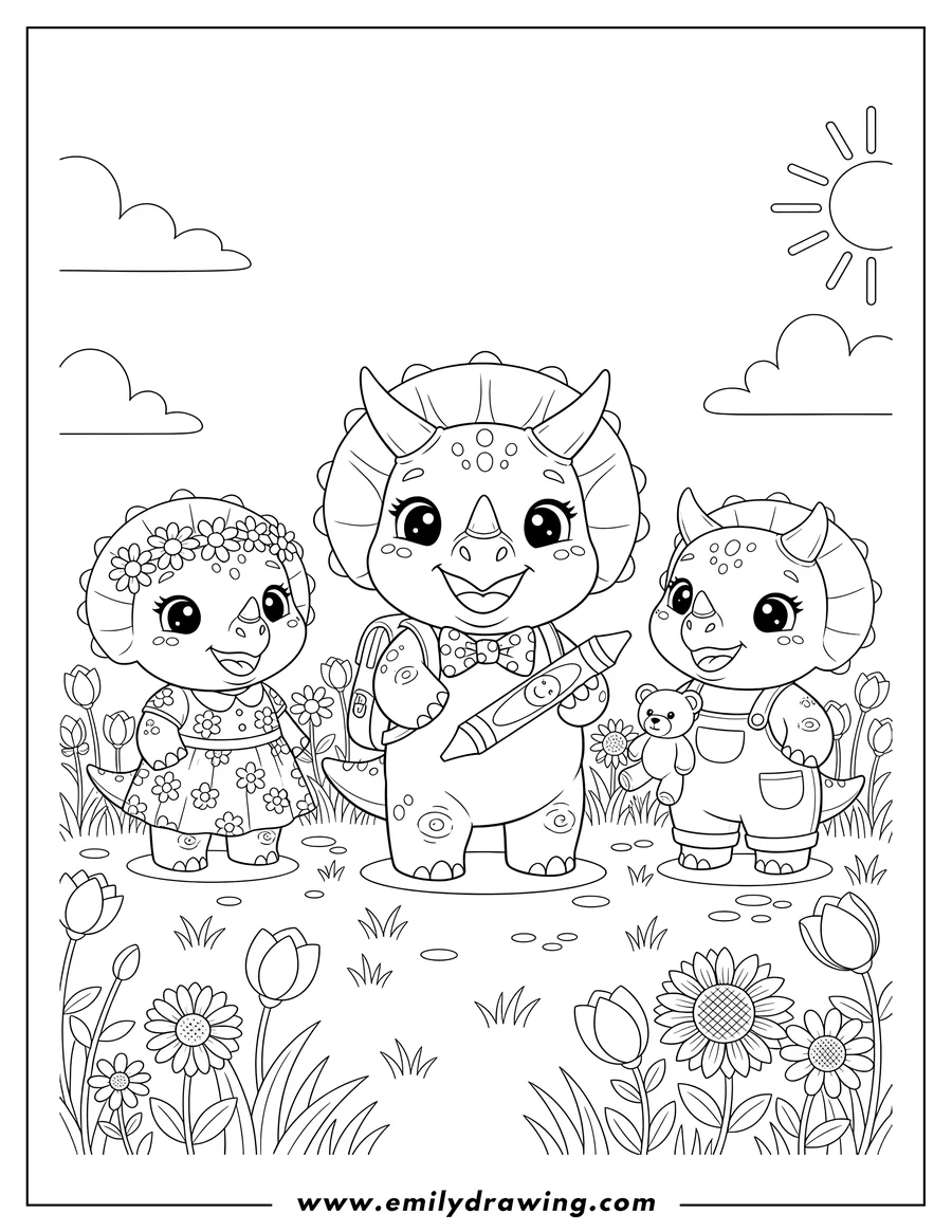 Doodle style coloring picture of super Cute Triceratops Preschoolers Scaled, standing and smiling in a field of flowers