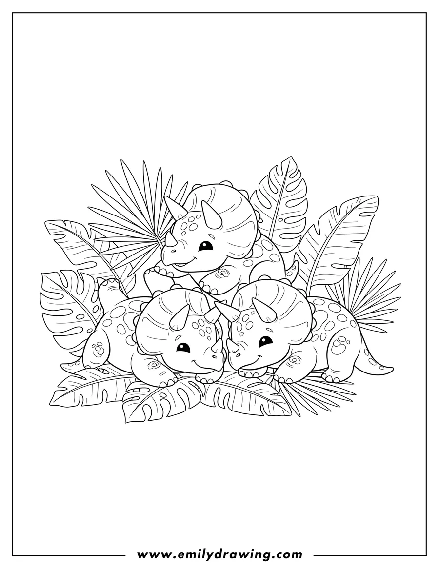 Full page coloring image of super Cute Triceratops Preschoolers Scaled, lying down happily, surrounded by tropical leaves