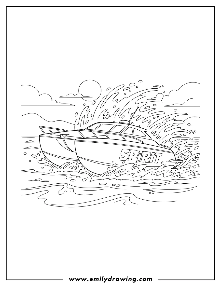 Coloring page of A super fast catamaran speed boat with 'Spirit' written on it, zooming through splashing water