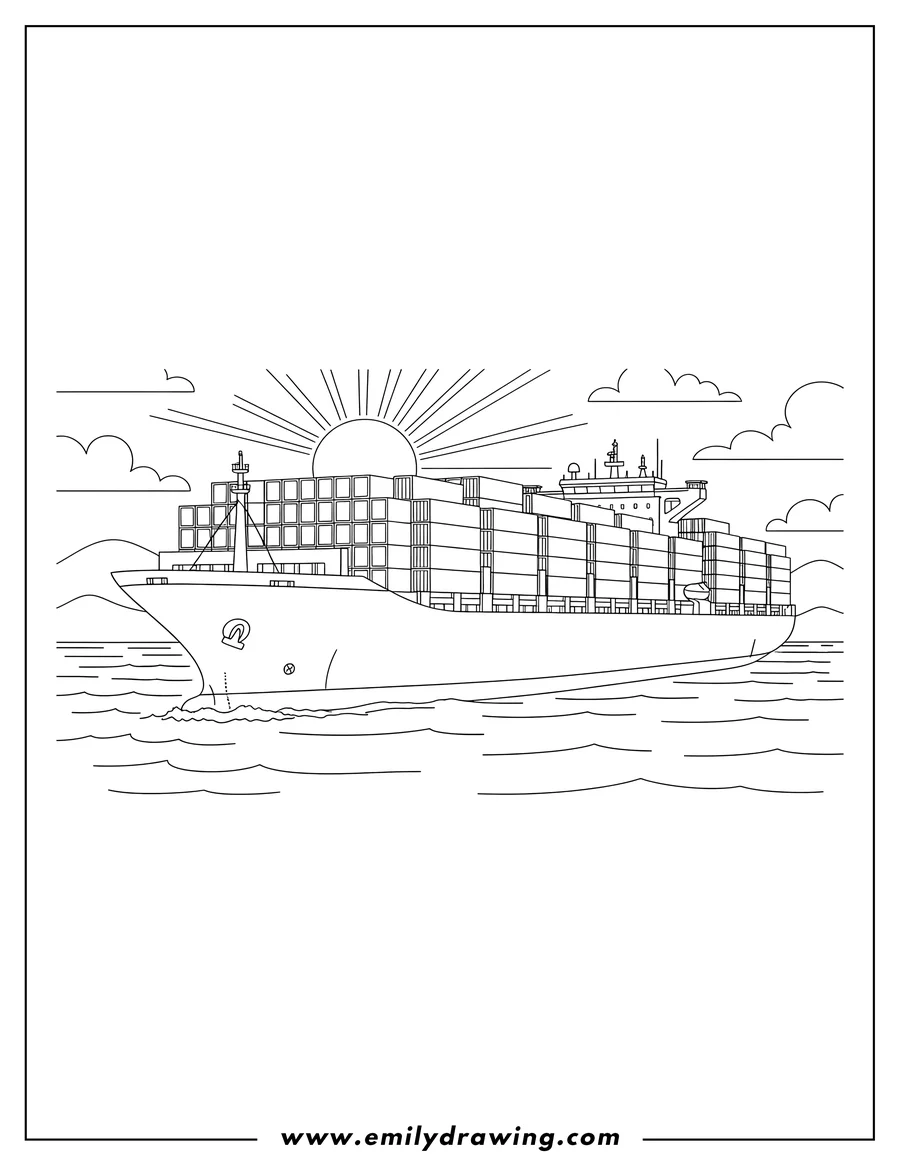 PDF style coloring page: super Large Cargo Ship Carrying Containers Scaled, fully loaded and sailing on the water