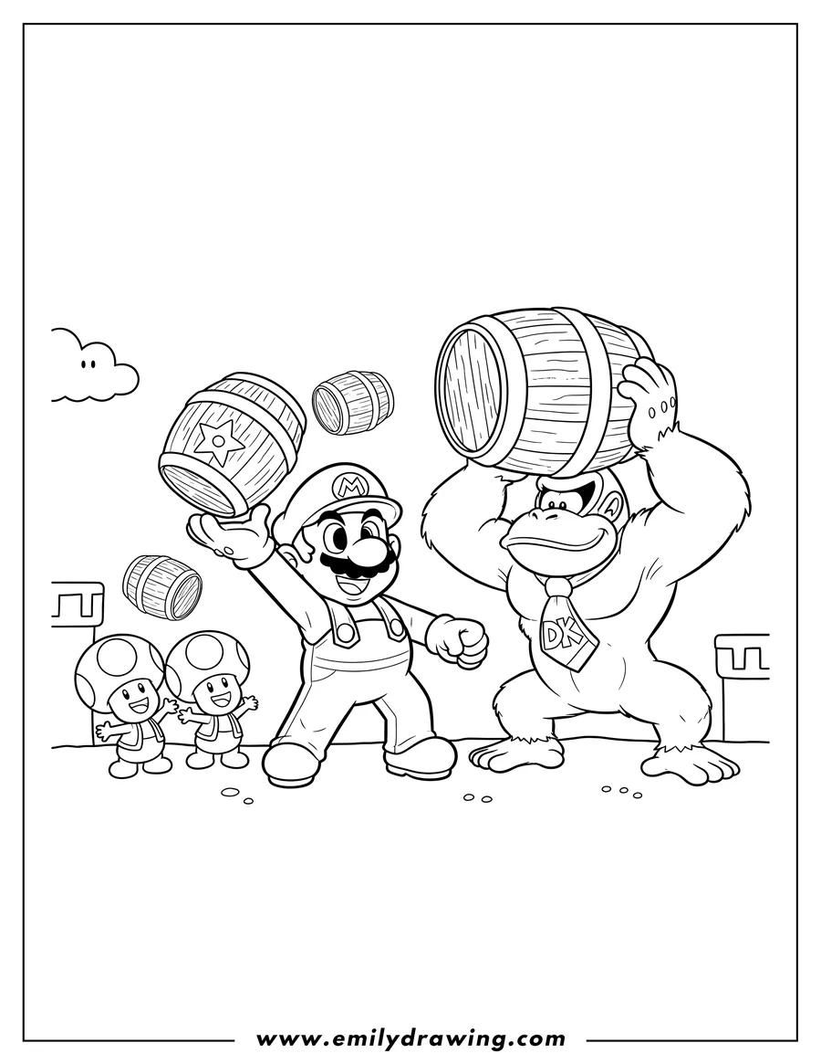 Coloring page for kids: super Mario, Toads, and Donkey Kong throwing barrels To Color