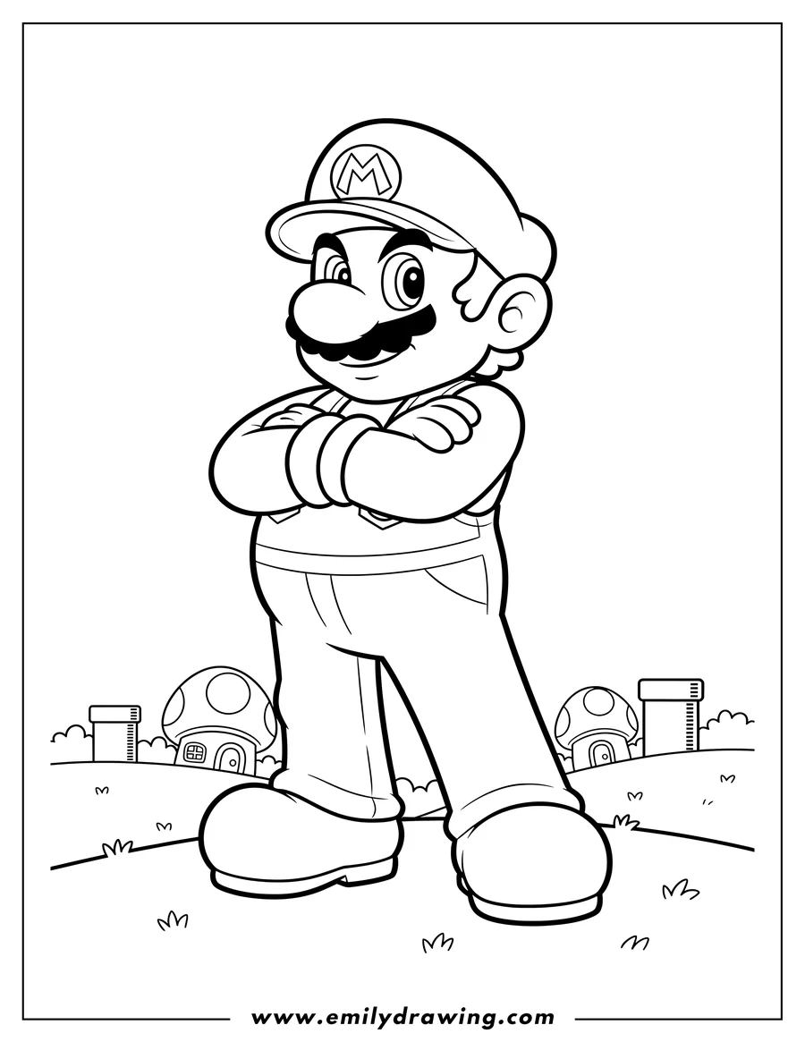 Vector style outline of super Mario Brothers Scaled, standing with arms crossed
