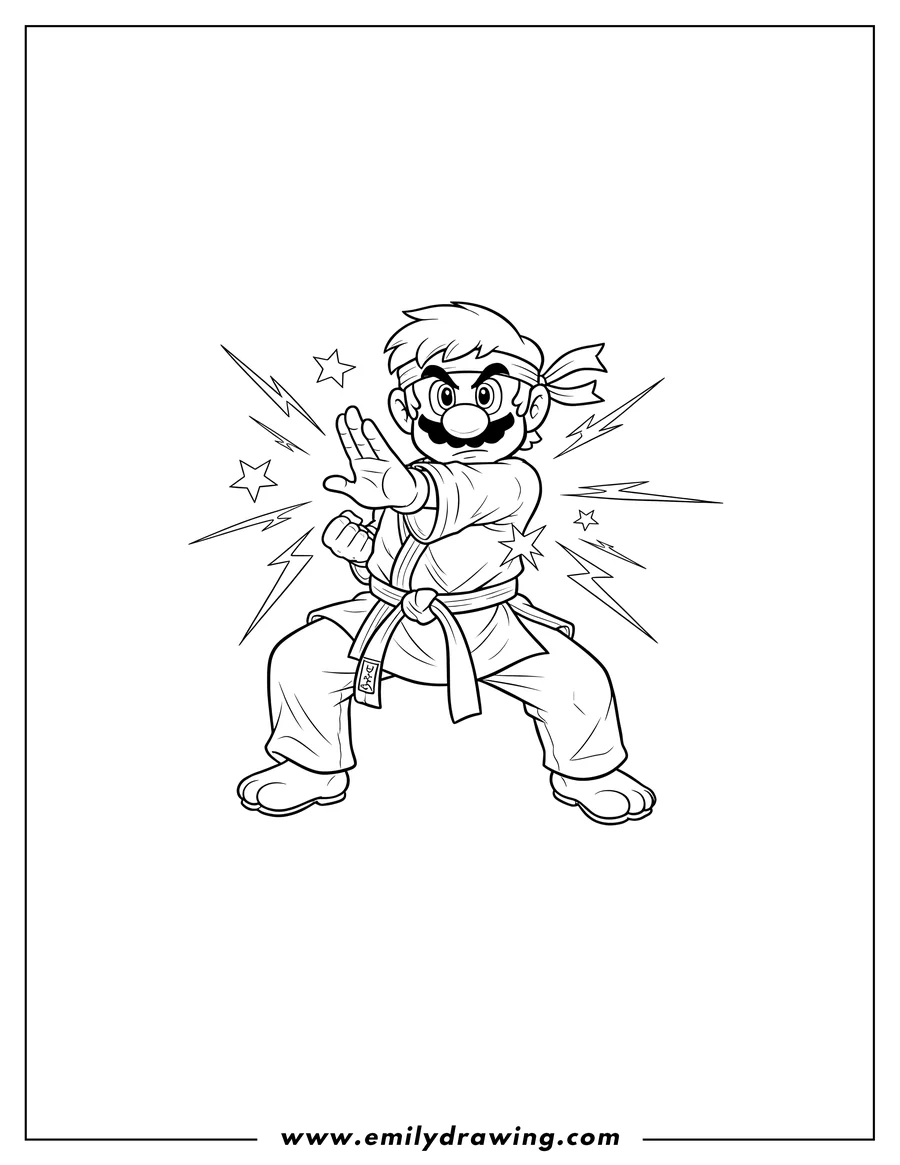 Black and white line art of super Mario in a karate gi, in a fighting stance, powering up