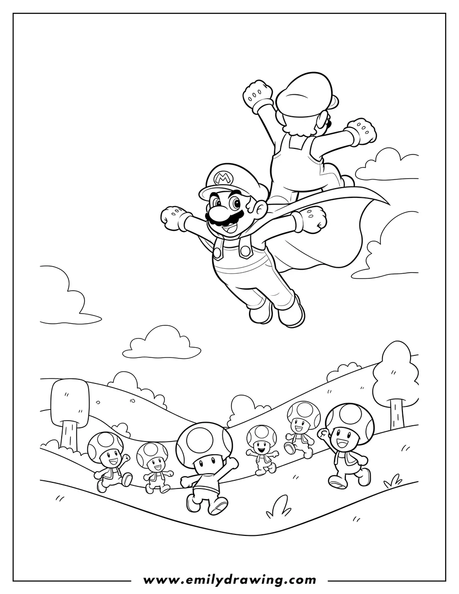 Downloadable coloring page of super Mario Movie Poster Scaled, depicting Cape Mario flying, another Mario from behind, and Toads