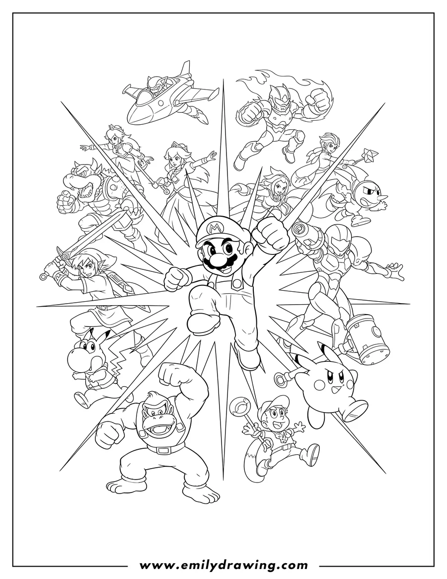 Coloring page of super Smash Bros All Characters in dynamic action poses around a central starburst