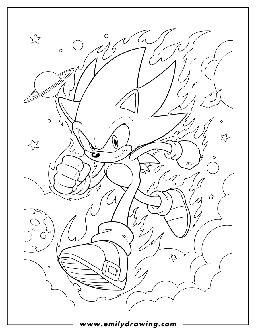 Printable line art of super Sonic charging forward, surrounded by flames, in outer space