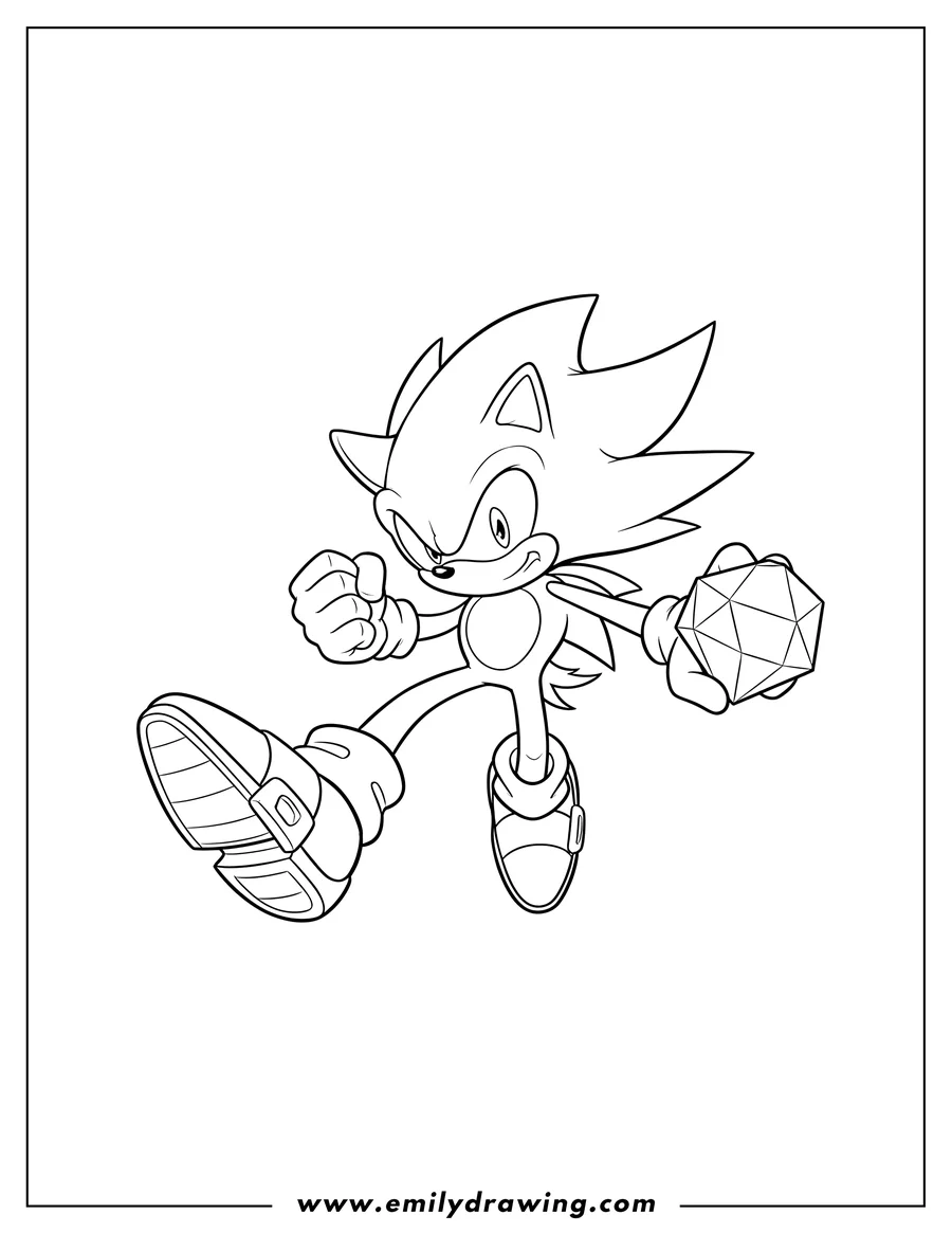 Coloring sheet featuring super Sonic holding a Chaos Emerald with a clenched fist and one leg extended