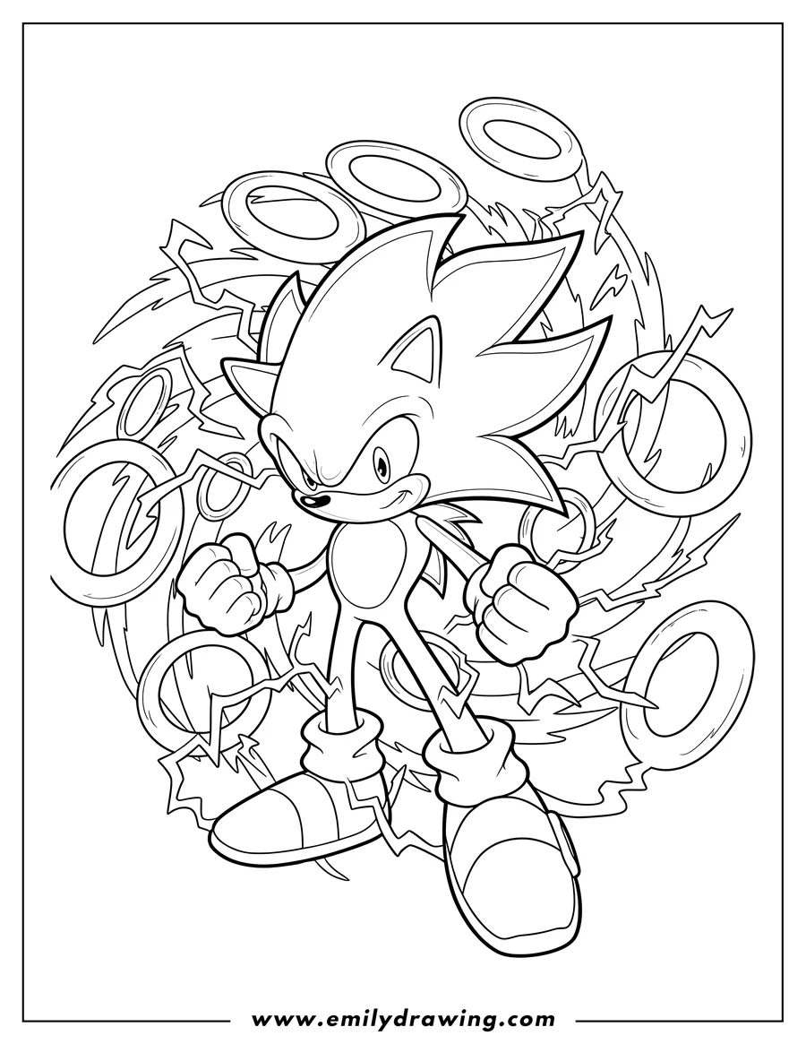 Simple sketch of super Sonic Power Up Surrounded By Rings, standing with a determined expression and clenched fists to color