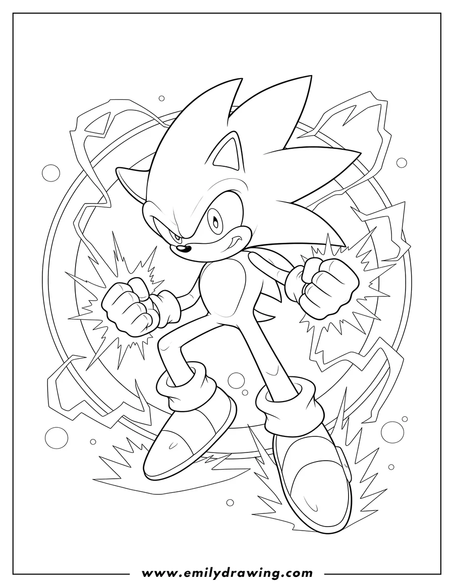 Coloring page of super Sonic Power Up With Special Gloves, surrounded by lightning, with a clenched fist