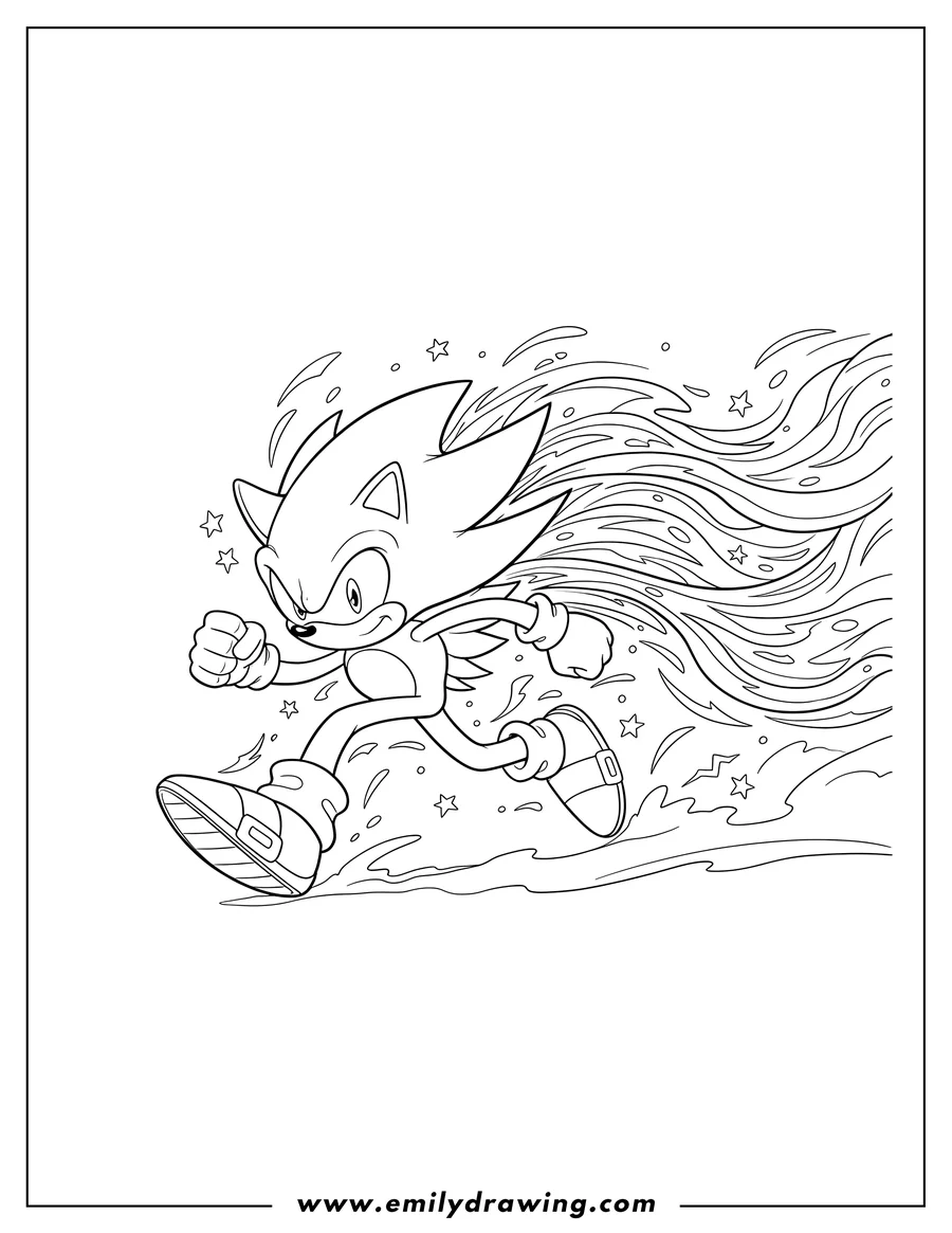 PDF style coloring page: super Sonic running fast with a speed trail