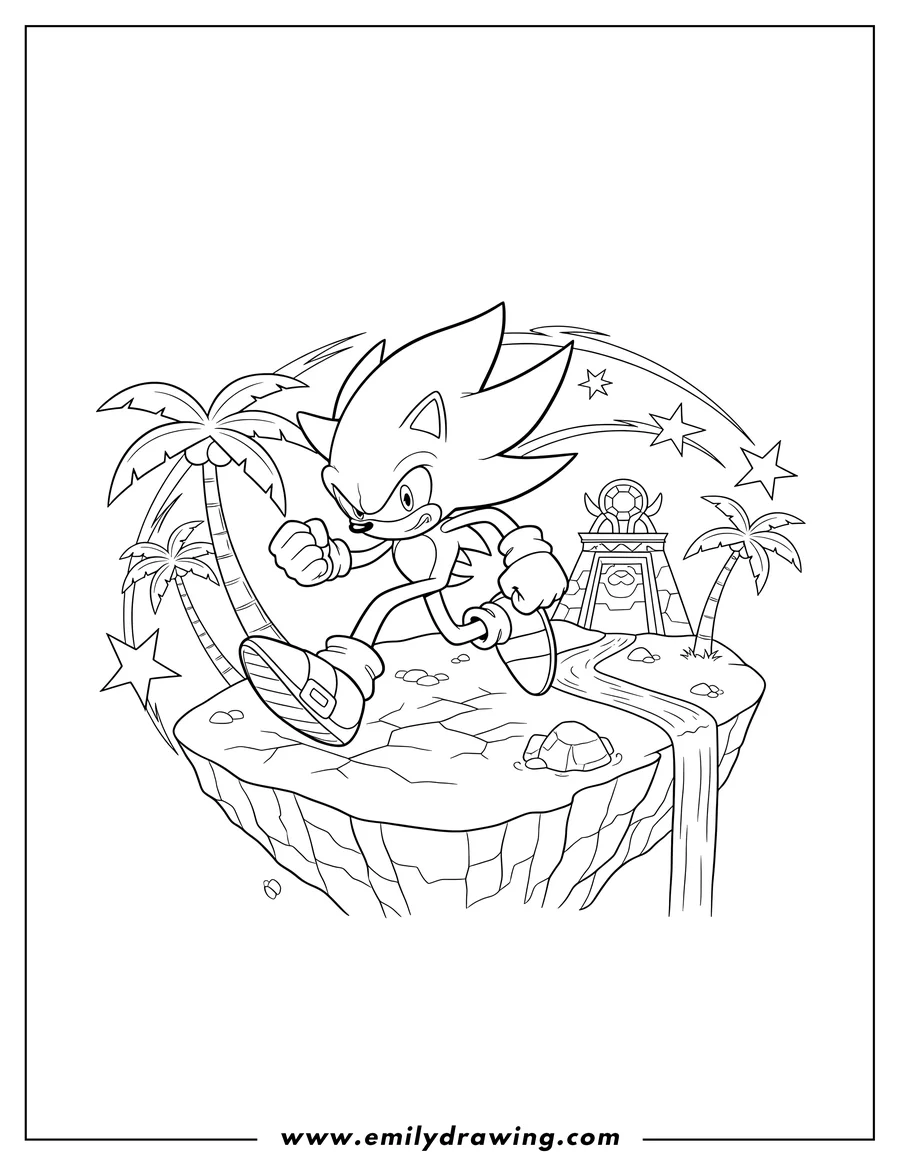 Outline drawing of super Sonic running powerfully, with clenched fists and energy stars, on Angel Island