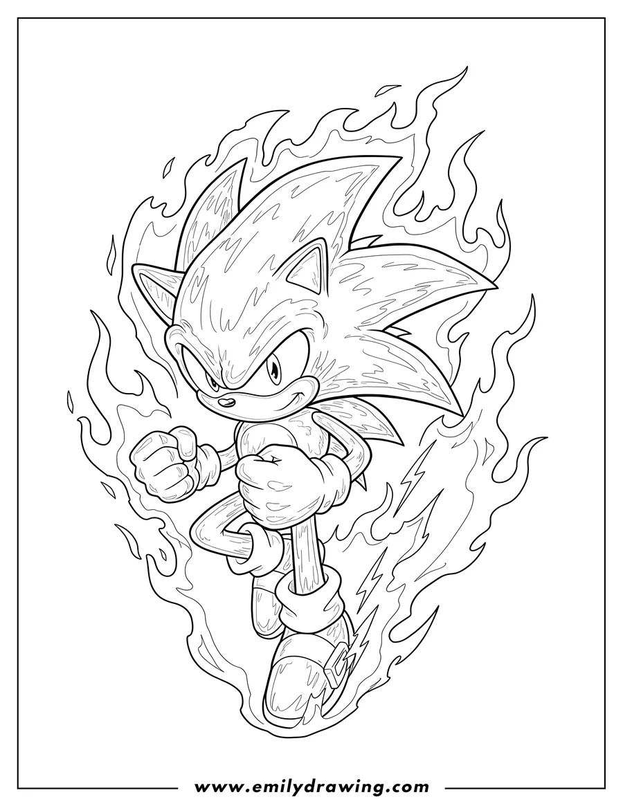 Doodle style coloring picture of super Sonic with textured skin, clenched fists, and a flaming aura