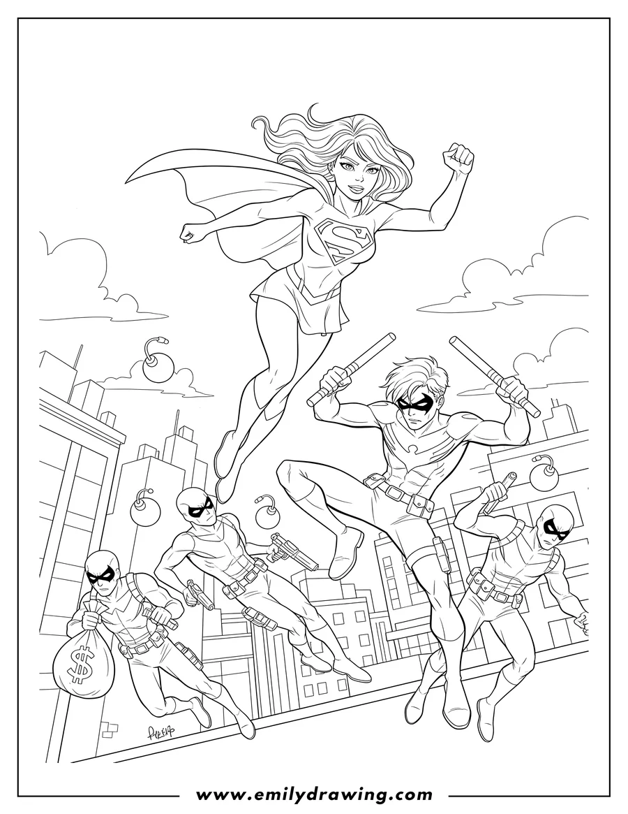 Doodle style coloring picture of supergirl flying and Nightwing with escrima sticks, fighting bad guys