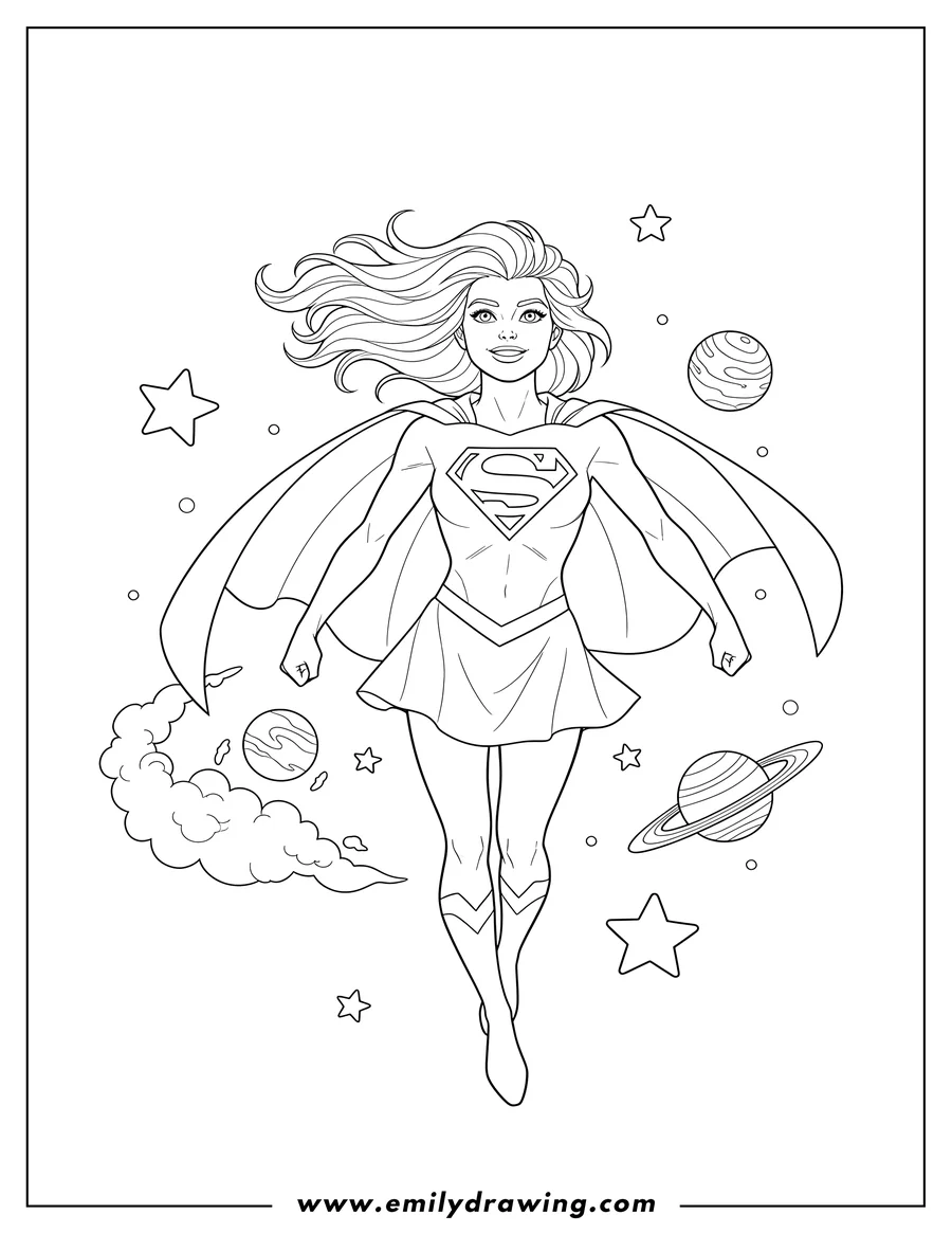 Free to print drawing of supergirl Flying Outerspace with hair and cape flowing, looking up