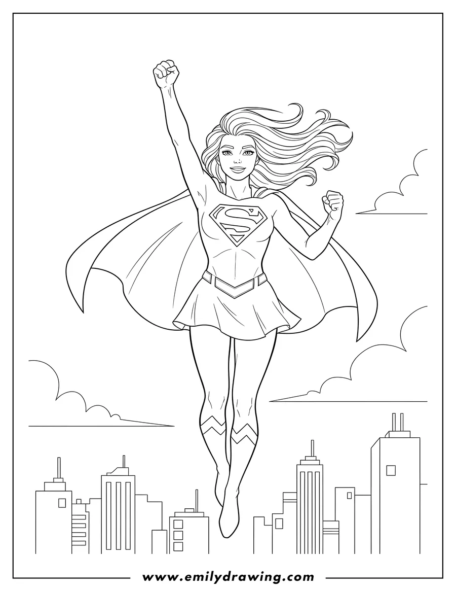 Free printable coloring sheet of supergirl flying with one arm raised and hair flowing in a city