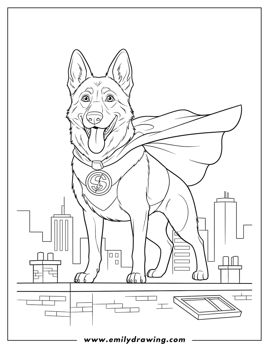 Coloring sheet featuring superhero German Shepherd With Cape On City Rooftop, smiling with tongue out and superhero emblem