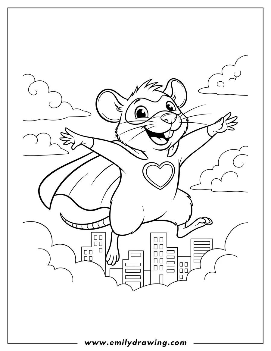 Downloadable coloring page of smiling Superhero Rat wearing a mask and cape with a heart emblem, soaring through clouds above skyscrapers