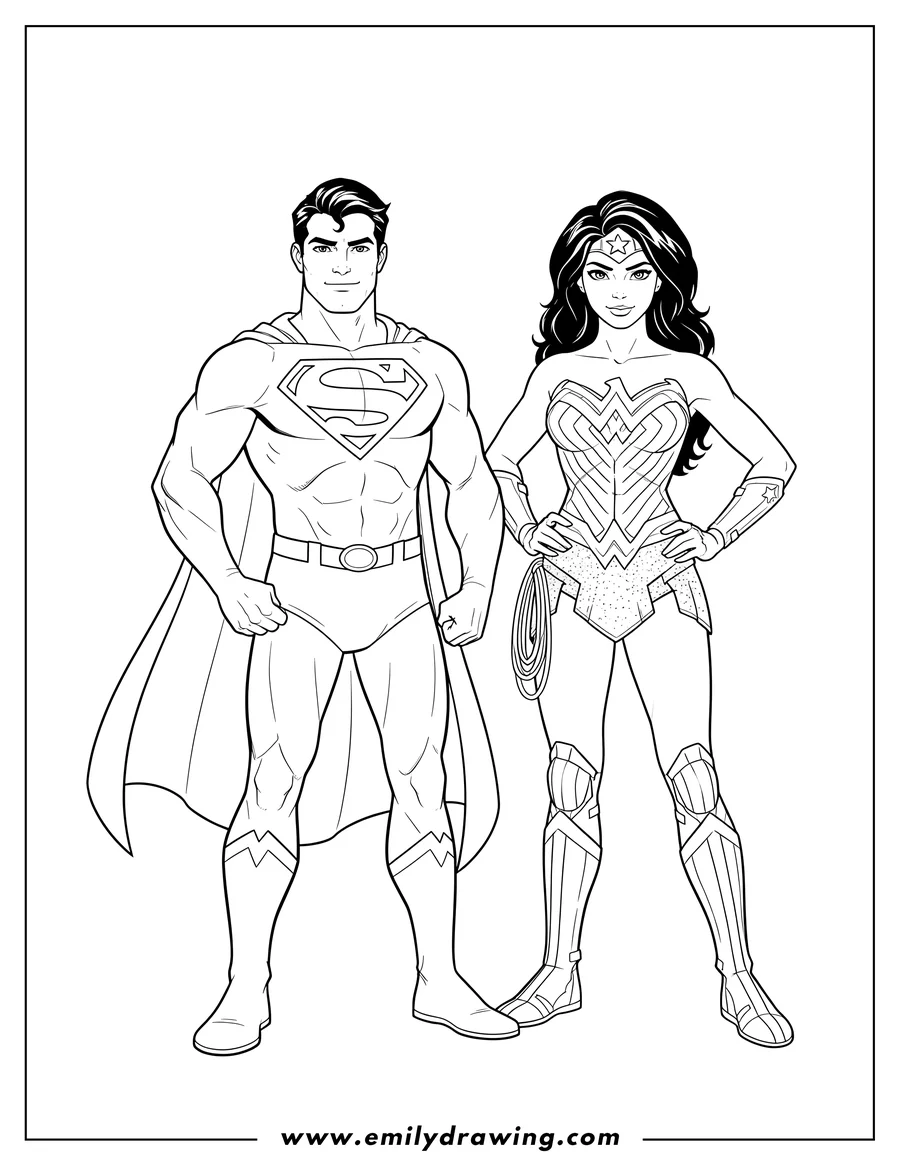 Doodle style coloring picture of superman and Wonder Woman standing together, looking forward, to color