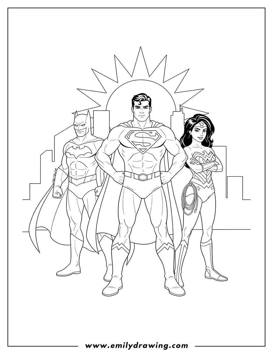 Printable line art of superman, Batman, and Wonder Woman standing heroically