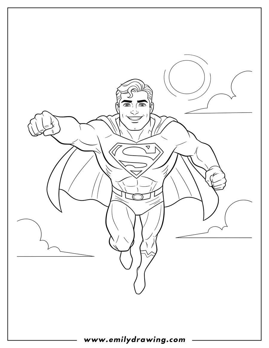Free printable coloring sheet of superman flying and smiling