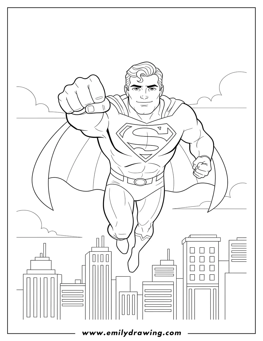 Printable coloring page of superman flying forward over city buildings with his fist extended