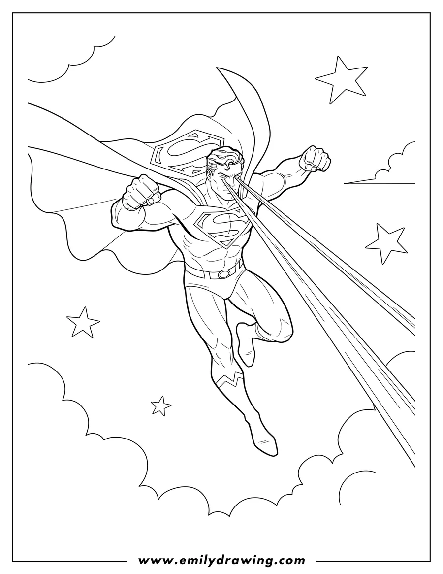 High quality printable superman flying with laser beams, cape flowing for coloring