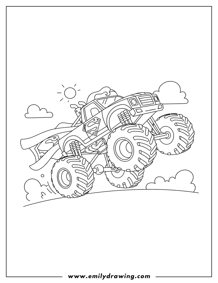 Coloring page for kids: superman Monster Truck doing a wheelie with a cape
