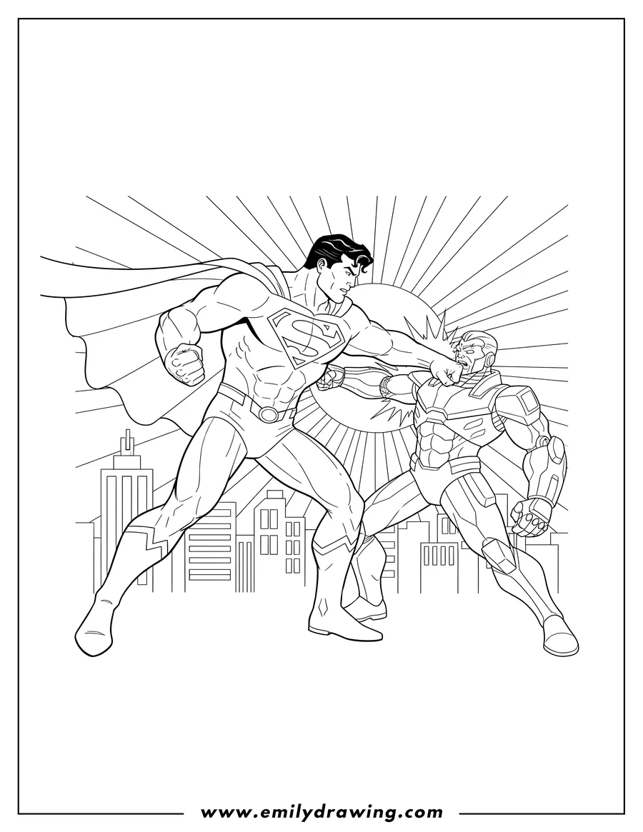 Linear illustration of superman punching Lex Luthor in his battle suit