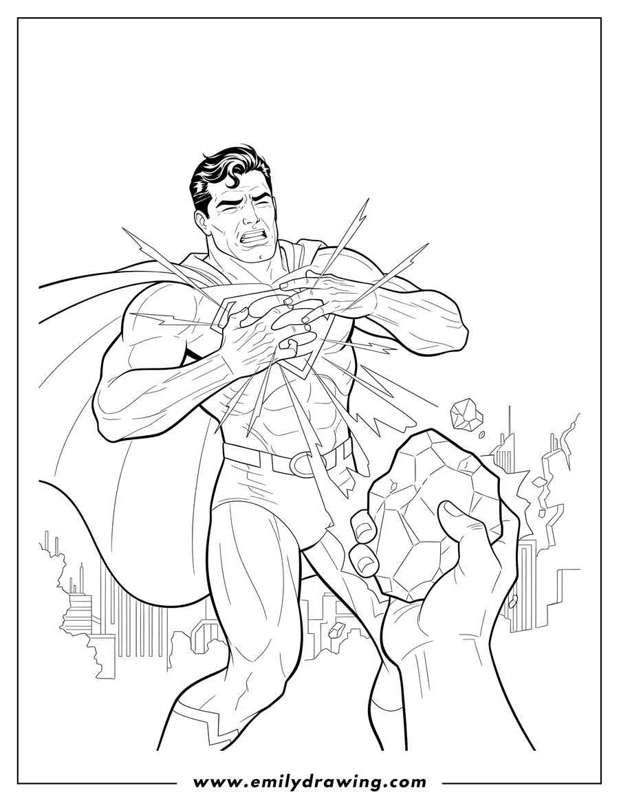 Coloring sheet featuring superman recoiling from glowing Kryptonite held in a hand