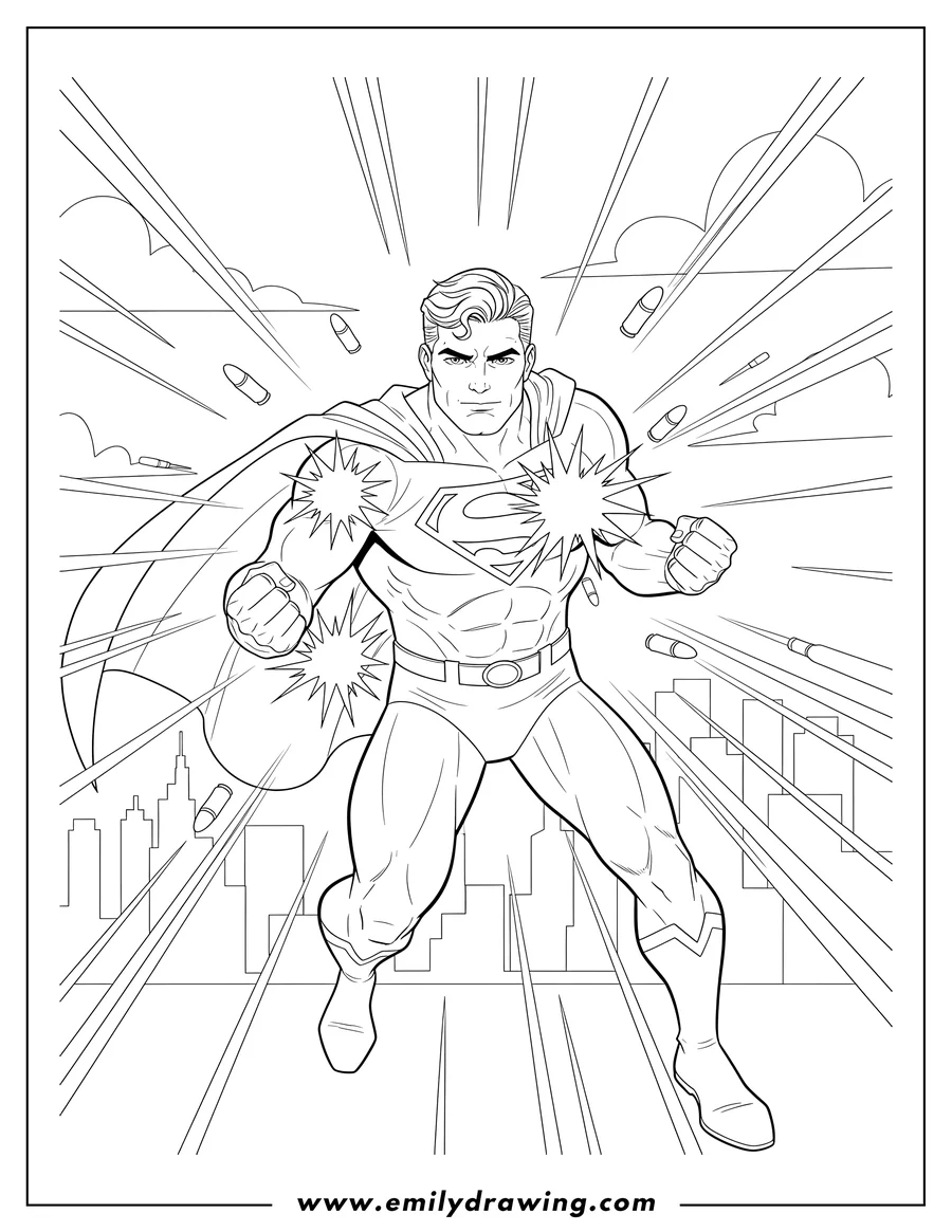 Free printable coloring sheet of superman Reflecting Bullets Scaled, in a powerful pose with clenched fists, and star-like impact effects as bullets bounce off him