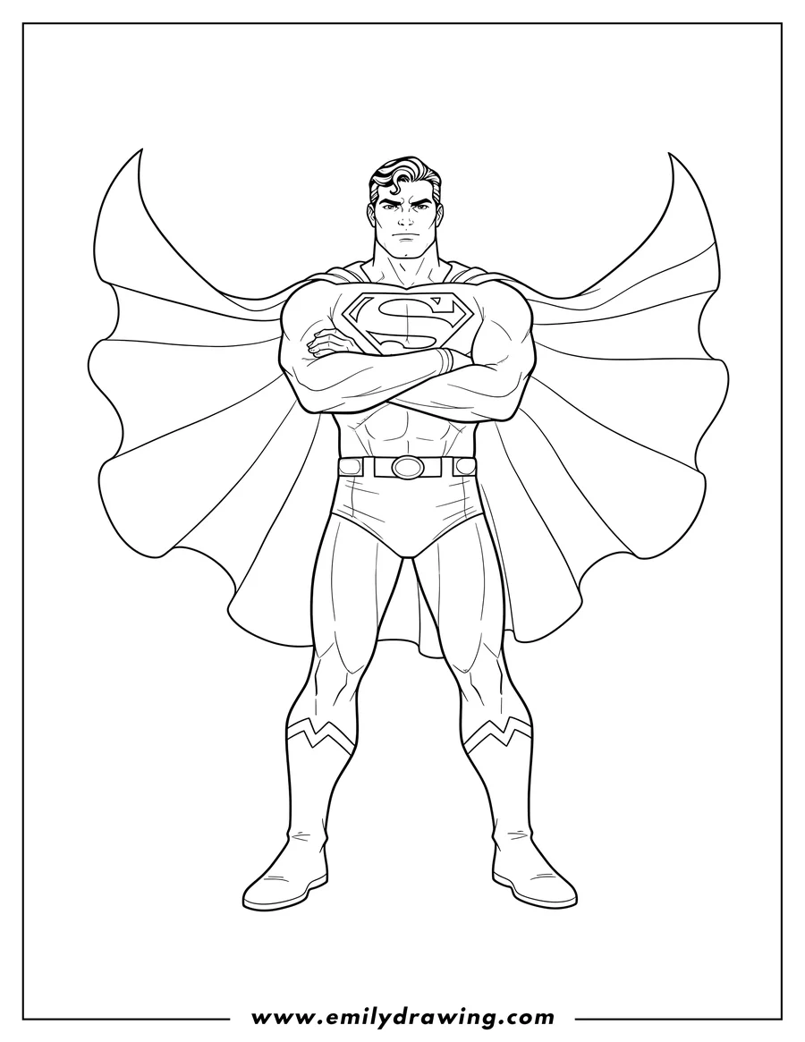 Black and white line art of superman standing with arms crossed, with cape scaled
