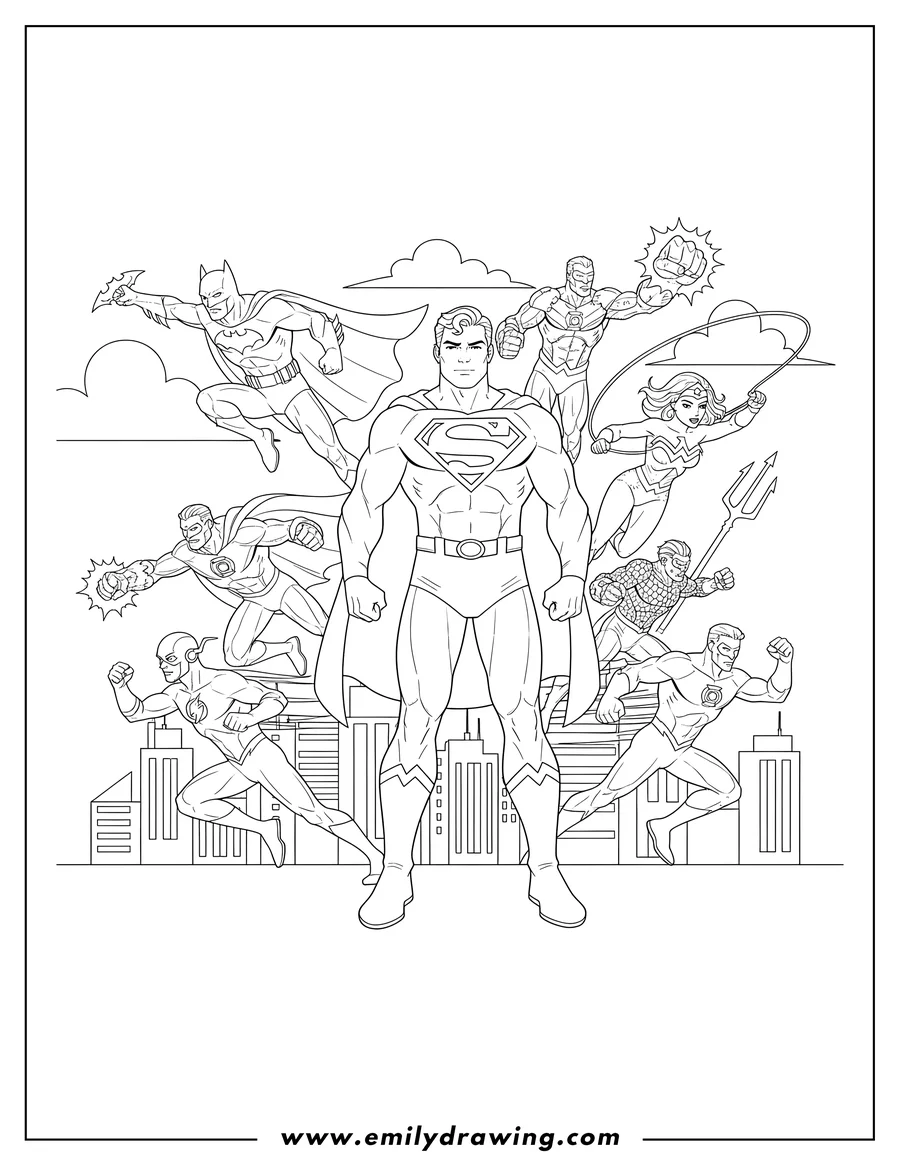 Full page coloring image of superman standing heroically with Justice League members in dynamic action poses