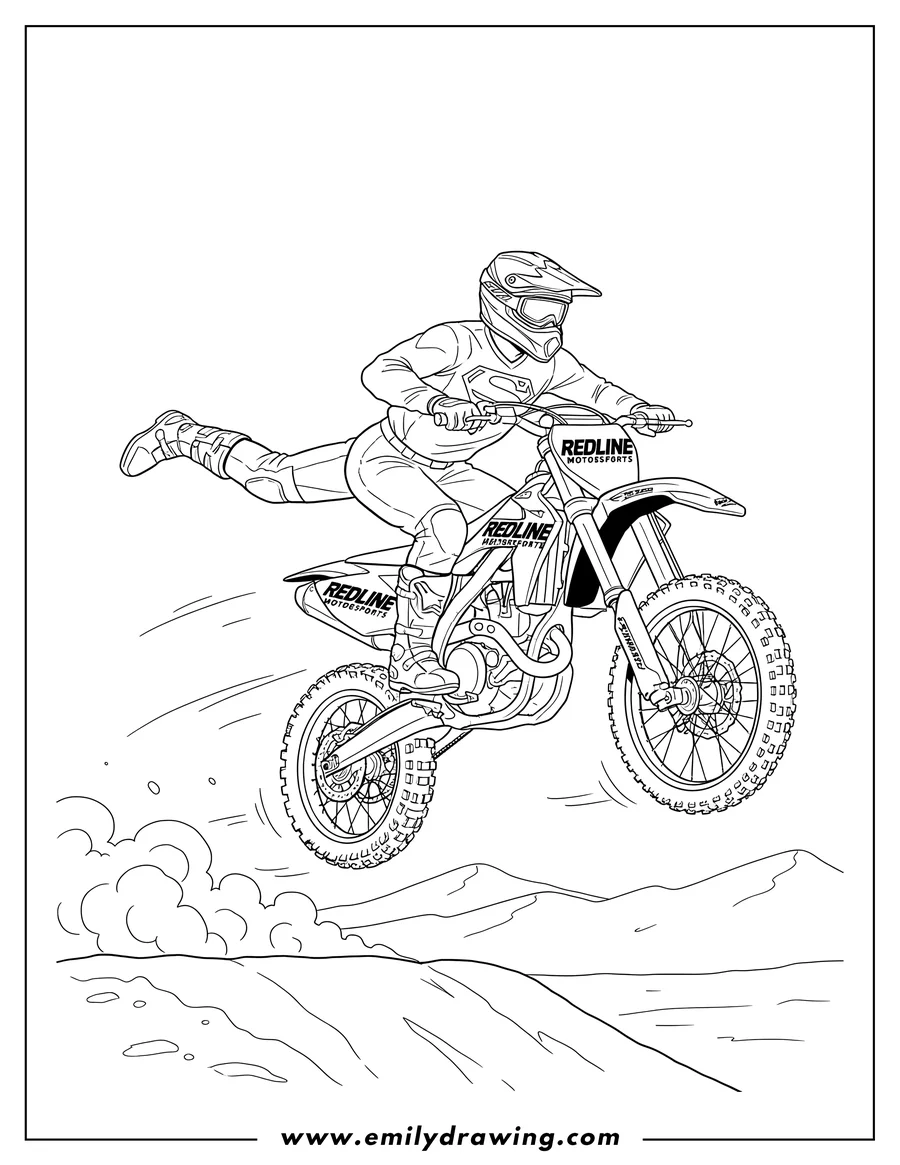 Free printable coloring sheet of motocross rider performing a Superman trick on a Redline Motorsports dirt bike, stretched out horizontally backward while holding the handlebars