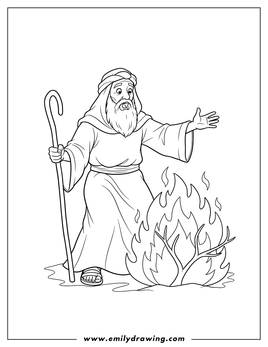Doodle style coloring picture of surprised Moses with outstretched arm speaking to a burning bush