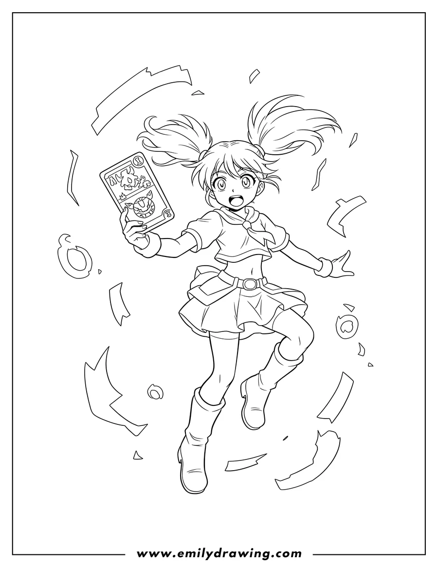 PDF style coloring page: surprised Runo Misaki in mid-air, holding a Bakugan card