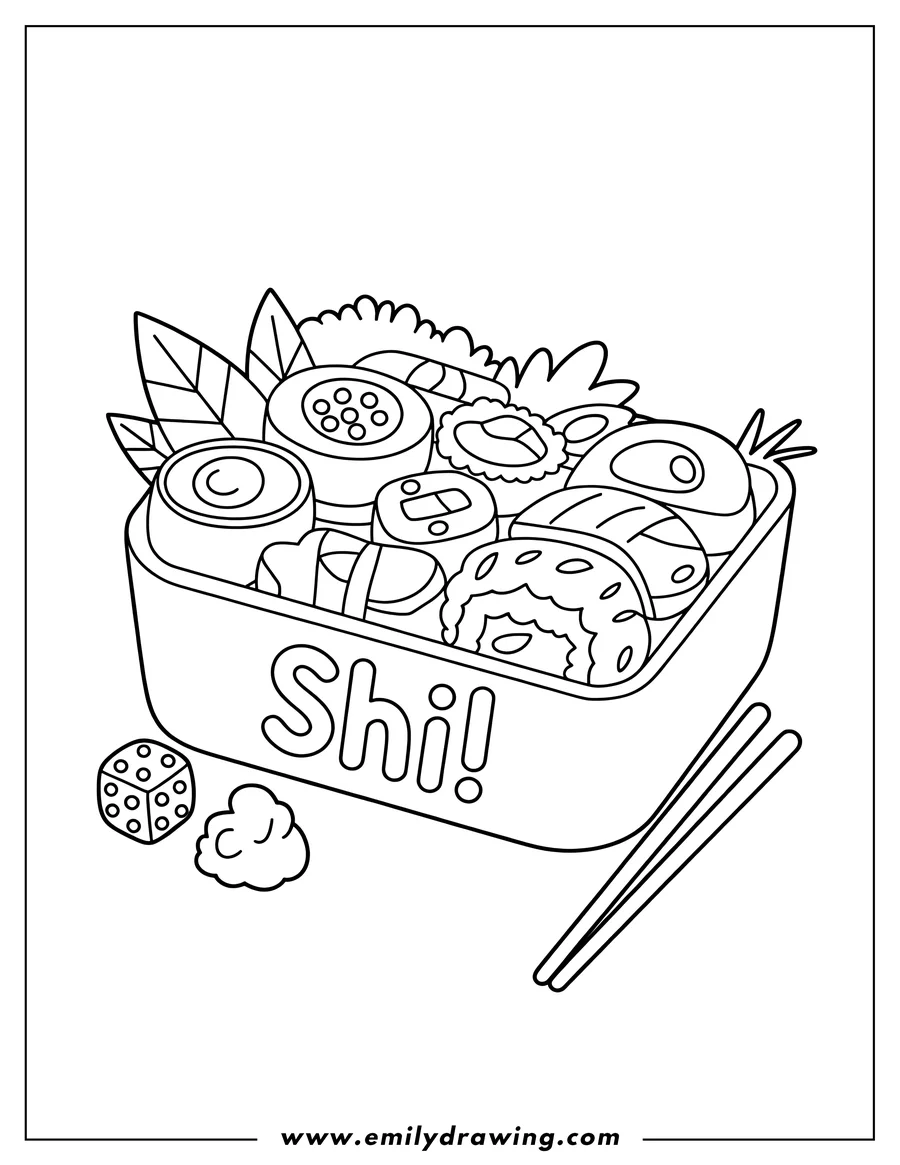 Line art of a bento box filled with various sushi rolls and pieces, with chopsticks, a dice, and a cloud shape beside it.