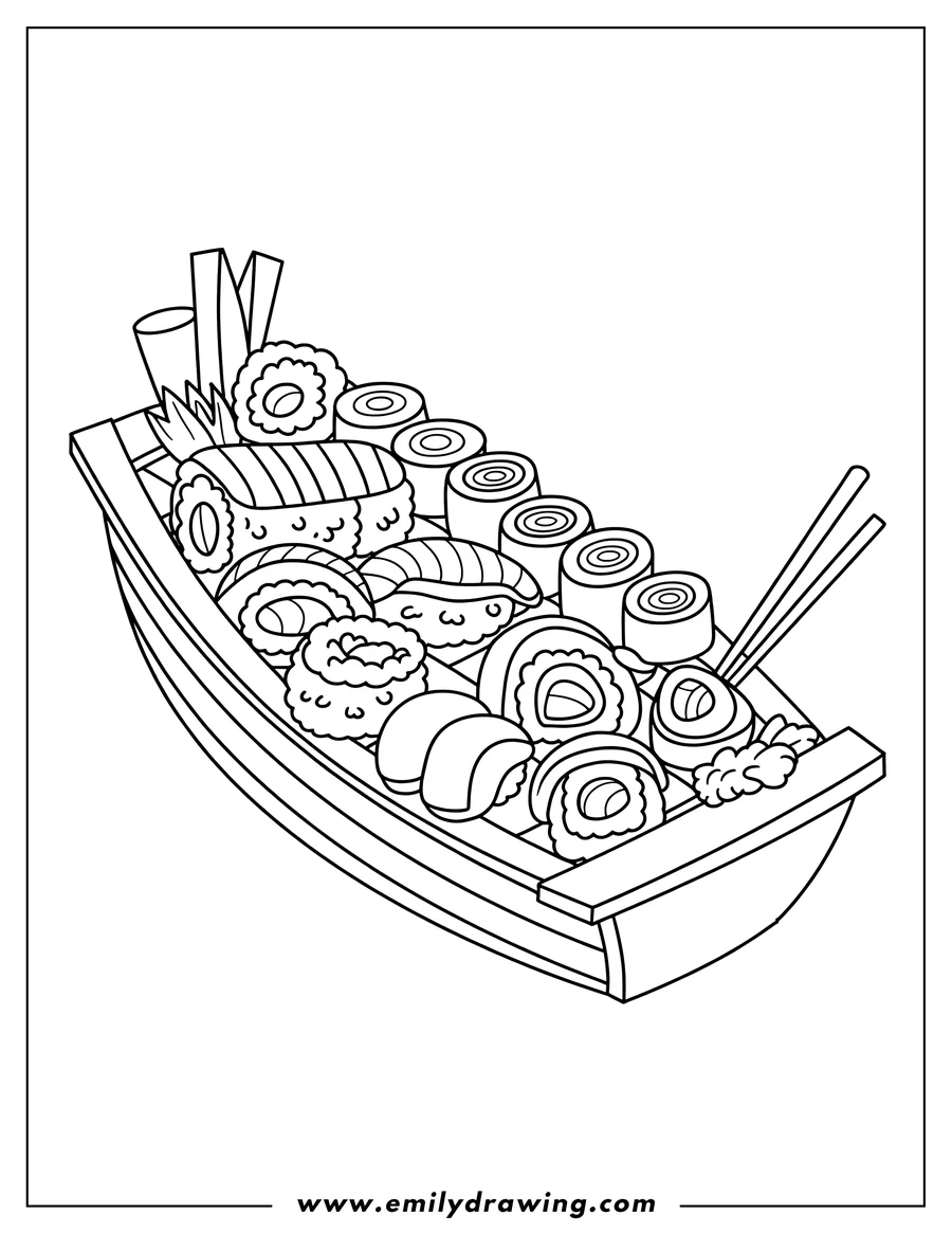 Line art of a sushi boat filled with various types of sushi rolls and nigiri, with chopsticks.