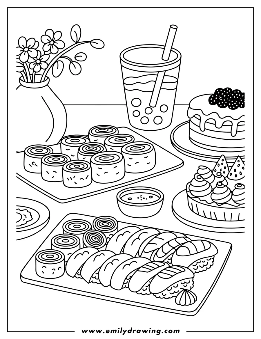 Line art of a table filled with various foods, including two platters of sushi rolls and nigiri, a cup of bubble tea with a straw, a layered cake with berries, a small tart with fruit, and a vase with flowers.