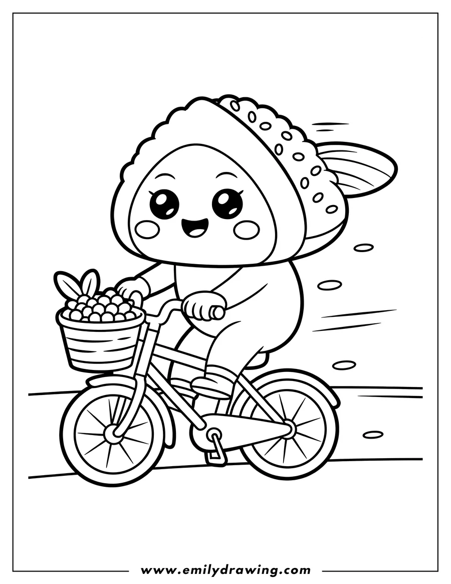 Outline of a cheerful sushi character riding a bicycle, with a basket of round items on the front.