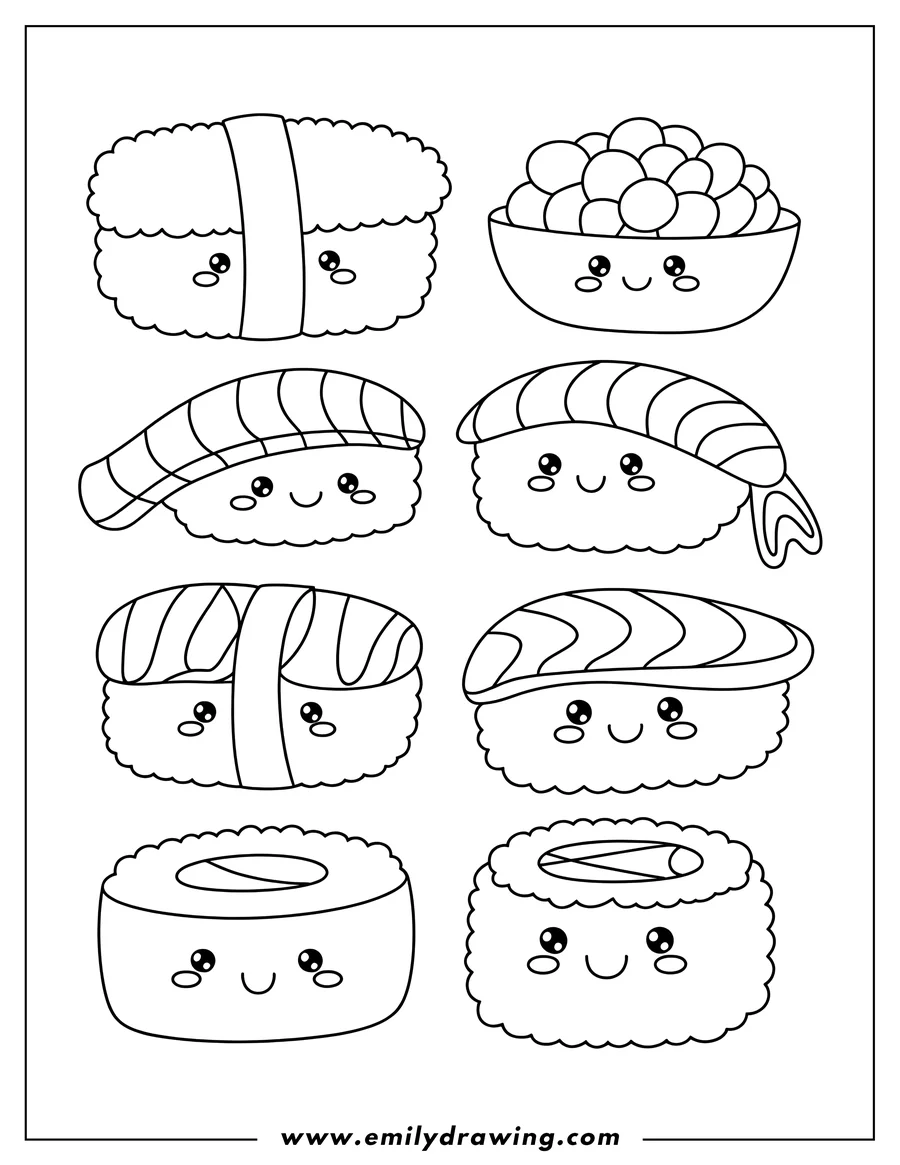 Outline of eight different sushi pieces and a bowl of fish eggs, each with a cute smiling face.