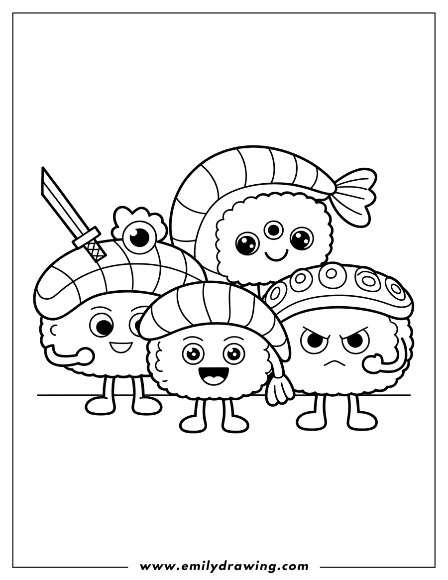 Line art of four cartoon sushi characters with distinct facial expressions; one has a tiny katana sword on its head, another a shrimp on top, one is smiling, and one looks grumpy.