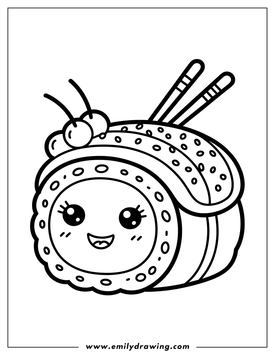 Outline of a kawaii sushi roll with a happy face, big eyes, two small cherries on top, and chopsticks sticking out of it