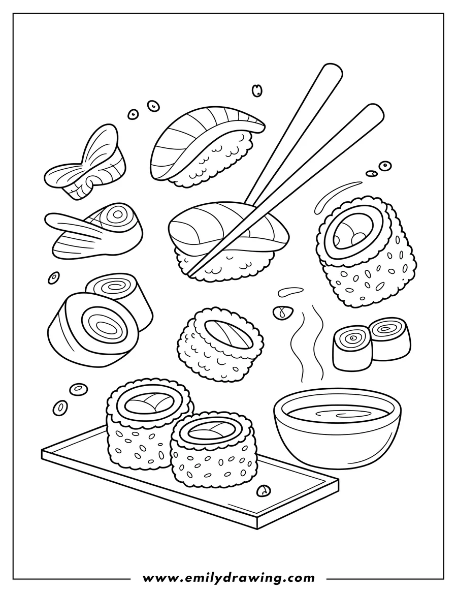 Line art of various sushi pieces, including rolls and nigiri, with chopsticks picking up one piece and a bowl of soy sauce nearby.