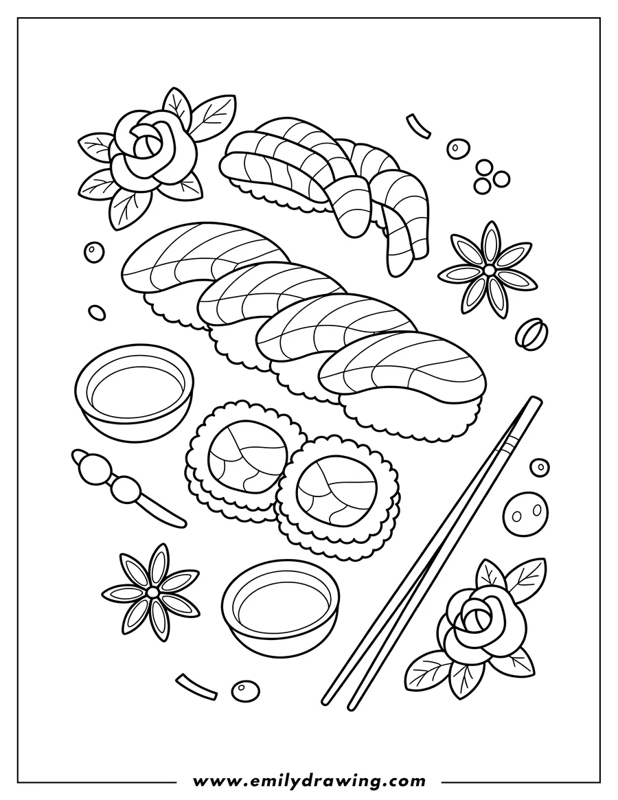 Line art of various types of sushi, including nigiri with salmon and shrimp, and maki rolls, arranged with chopsticks, two small bowls of dipping sauce, and decorative spices and flowers.
