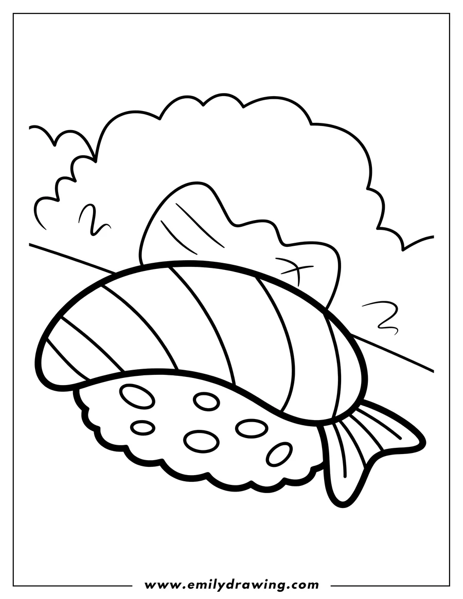 Outline of a sushi nigiri with fish on rice and a small seaweed band.