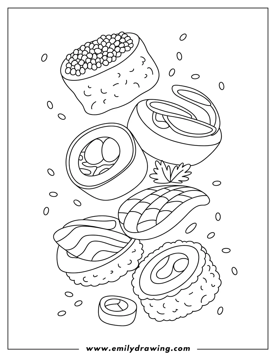 Outline of various sushi pieces, including rolls, nigiri, and gunkan maki, with scattered small oval shapes that resemble rice grains.